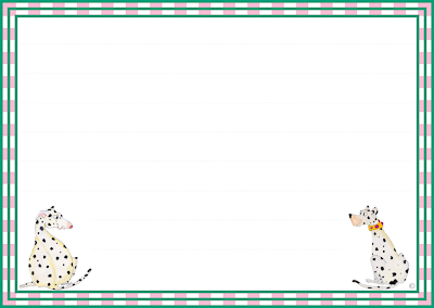 Blank correspondance card for kids with spotty dogs and a green and pink border