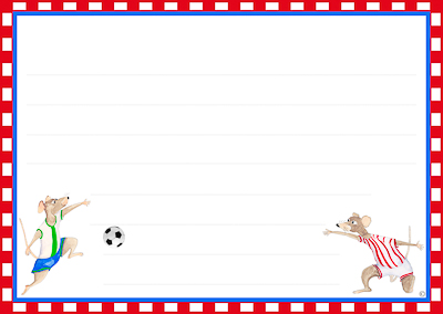 Blank correspondance card for boys with footballing mice and a red and blue border