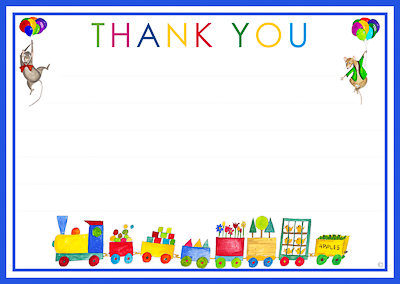 Thank you card for kids with toys and a blue border