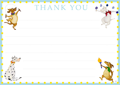 Thank you card for kids with circus dogs and a pale blue and yellow border