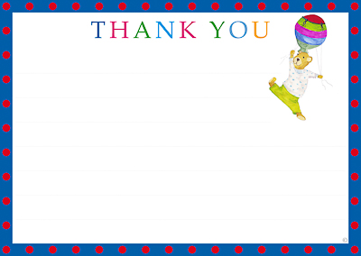 Thank you card for kids with a teddy bear and a blue border with red spots